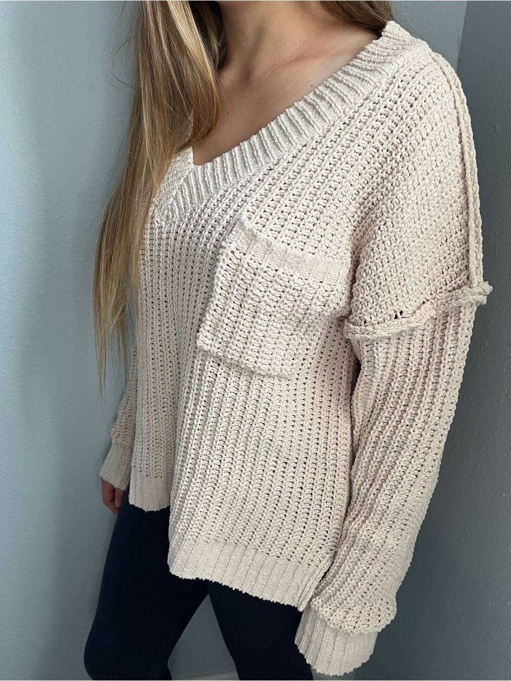 Ecru Chenille V-Neck Sweater